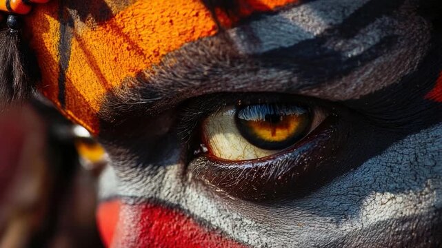 A detailed view of a person's painted face with colorful designs and patterns