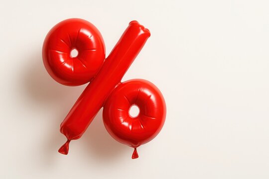 Red glossy balloon shaped like percent symbol on white background concept for flash sale urgency discount promotion ecommerce and marketing visuals