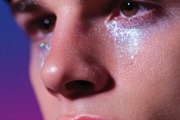 A gender-fluid person flaunts an artistic, shimmering look