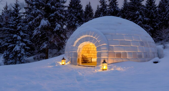 Escape to a cozy winter wonderland in a snow igloo with warm lantern light at twilight