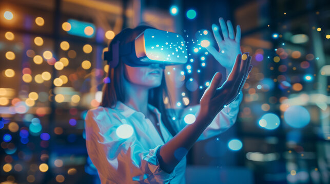 Student using VR headset & AI technology in smart classroom. Artificial intelligence, machine learning, virtual reality in education. Interactive learning, innovation, digital tools, futuristic school