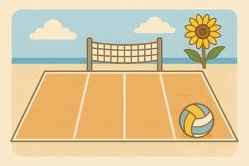 Beach volleyball court by the ocean with vibrant sunflowers and blue skies offering a playful atmosphere for summer sports leisure and outdoor activities promoting fun and relaxation