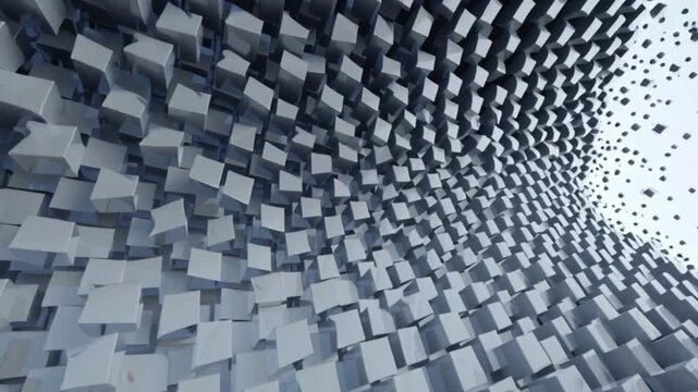 Abstract tunnel made of floating cubes forming a dynamic vortex, futuristic 3D motion design with depth and perspective, perfect for technology visuals digital transformation and modern concepts