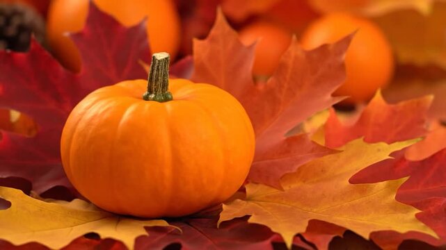 Small pumpkin rests on colorful autumn leaves in reds and oranges