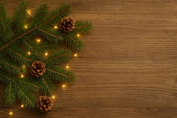 Fir branches with pinecones and warm fairy lights on wooden background with copy space rustic natural Christmas composition for festive advertising