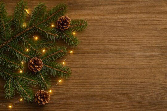 Fir branches with pinecones and warm fairy lights on wooden background with copy space rustic natural Christmas composition for festive advertising - Powered by Adobe
