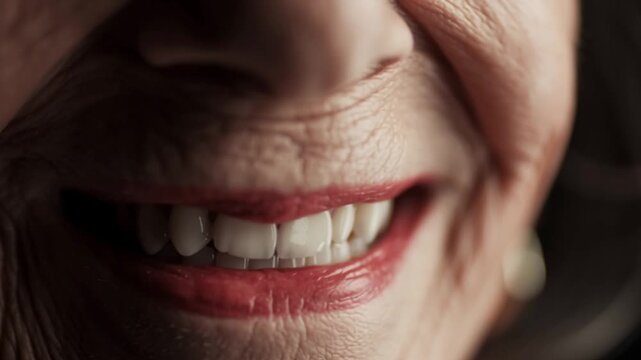 Close up elderly woman smiling with visible wrinkles and natural teeth, warm expressive mouth detail showing aging beauty, senior female laughter lines captured in soft light, emotional portrait conce