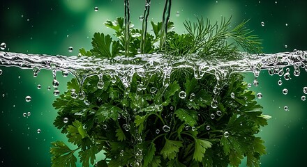 Fresh herbs being washed with water, creating a refreshing and vibrant scene