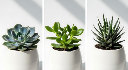 A minimalist triptych showcasing a variety of succulent plants in modern white ceramic pots