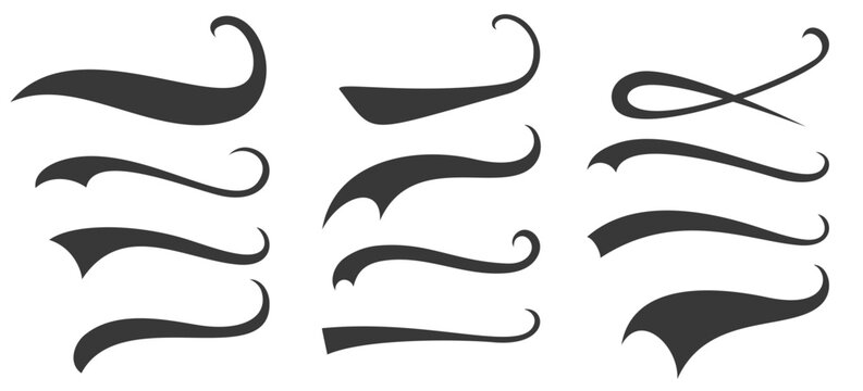 Calligraphic swoosh tail set. Baseball sports swash shape collection, text underlines for baseball design. Kit of font elements in retro style for athletics, baseball. Swirl stroke swish underline