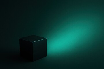 Dark metallic cube in lower left corner on emerald green gradient background with soft grain and subtle glow premium abstract 3D tech composition clean space for text modern digital visual