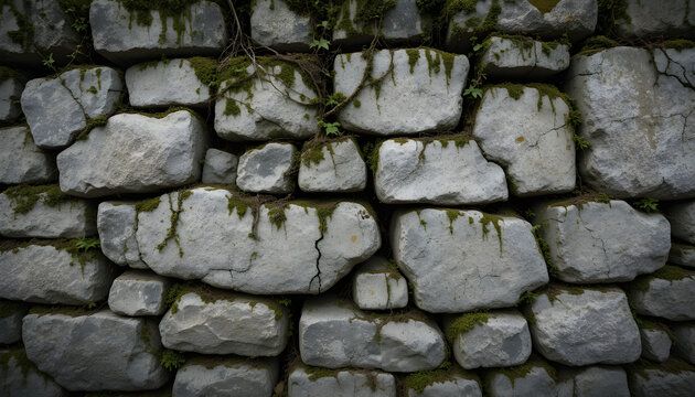 Detail of a weathered stacked stone wall covered in natural moss texture, suitable for an old - Powered by Adobe