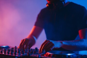 DJ mixes music with stylish concert earplugs in a colorful club setting, focused and engaged
