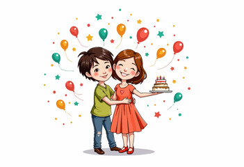Illustration of a joyful couple celebrating a captivating birthday with colorful balloons and a delicious cake in a cheerful festive atmosphere