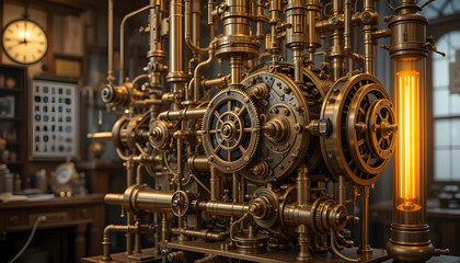 Fototapeta premium An intricate brass mechanism defines this steampunk technology in a vintage industrial setting.