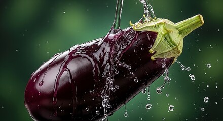 Fresh eggplant with water splash against a blurred green background