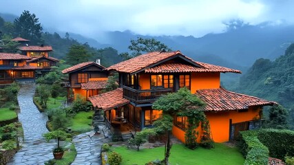 Cozy mountain resorts illuminated cottages