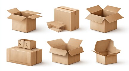 Fototapeta premium Various cardboard boxes, open and closed, on white background