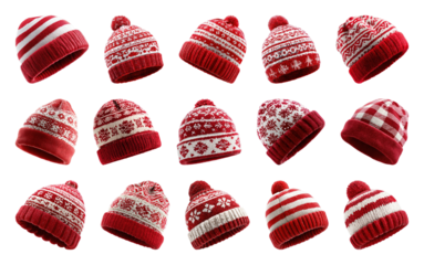 PNG Red winter hats with patterns, element set on transparent background