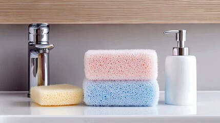A clean bathroom sink features a modern chrome faucet, a white soap dispenser, and a stack of colorful sponges.