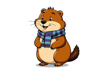 Fototapeta premium Cheerful Cartoon Otter Wearing a Striped Blue and Purple Scarf with a Friendly Expression on a White Background