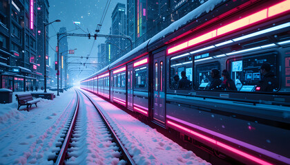 A striking Neon Train travels through a Snowy Cityscape, illuminated by vibrant Cyberpunk Style