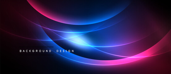 Abstract neon waves, vibrant colors blend. Dark background emphasizes glowing curves, creating dynamic visual effect. Modern design element.
