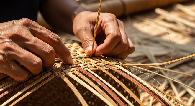 Close up of hands weaving natural fibers into a basket