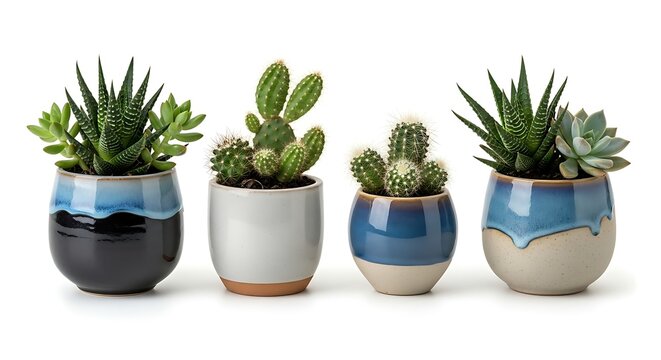 A charming collection of diverse potted succulents and cacti showcasing natural beauty and vibrant green foliage on a clean white background
