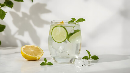 A delicate glass filled with fresh infused water, garnished with slices of lemon, lime, and cucumber, set against a clean and minimalist background, with a sprinkle of mint leaves and a few ice cubes