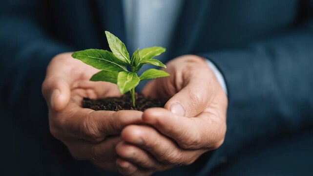 Hands carefully hold a small, green sprout in dark soil