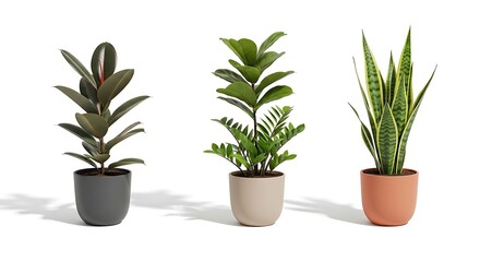 Fototapeta premium Collection of three popular green houseplants in decorative pots, ideal for indoor styling and enhancing home decor