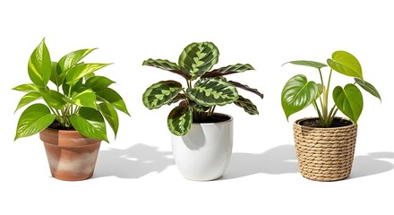 Obraz premium Three potted houseplants, featuring a pothos, a calathea, and a philodendron, on white