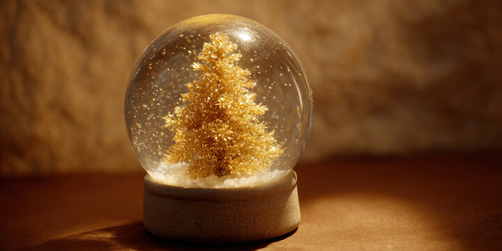 Golden snow globe Christmas tree warm light cozy festive