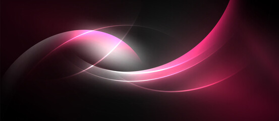 Abstract design features flowing curves, pink hues, dark background. Smooth gradients create dynamic visual effect. Modern, elegant composition.