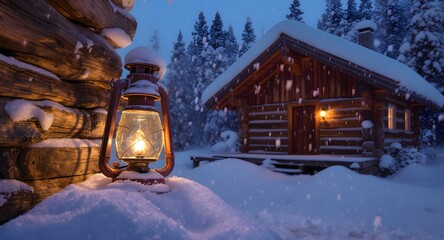 Cozy cabin glows in the winter snowfall, illuminated by a warm lantern light
