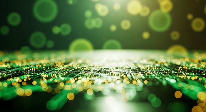 Abstract green technology background with bokeh lights, representing digital connectivity and futuristic innovation in a blurred perspective