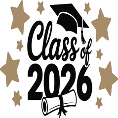 Class of 2026 typography with graduation cap, diploma scroll, and scattered stars on a dark background