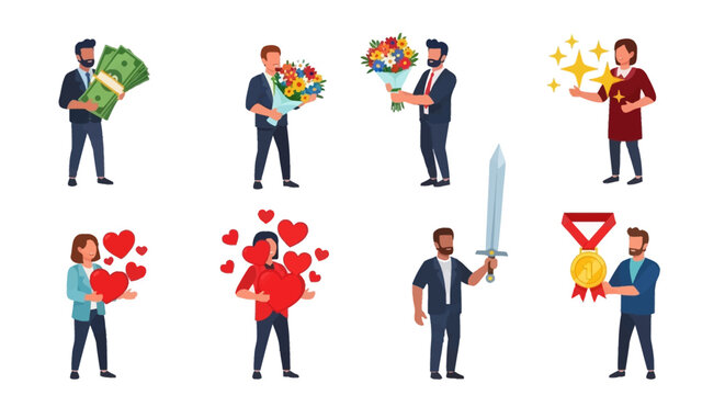 Diverse collection of flat vector illustrations showcasing human gestures of achievement, success, reward, love, and generosity in various scenarios