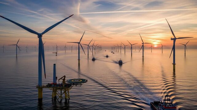 Maintenance vessels navigate offshore wind farm under drifting clouds at sunset