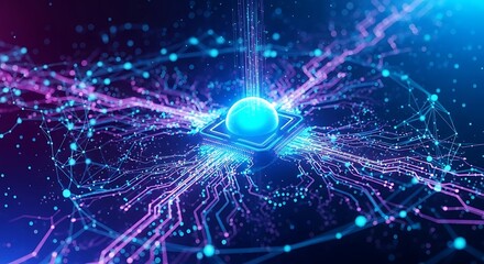 A glowing sphere sits atop a futuristic circuit board, bathed in blue and purple light, symbolizing advanced technology and interconnected systems