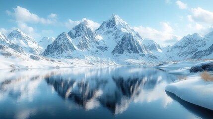 Snowy mountain peaks reflect in a serene winter lake