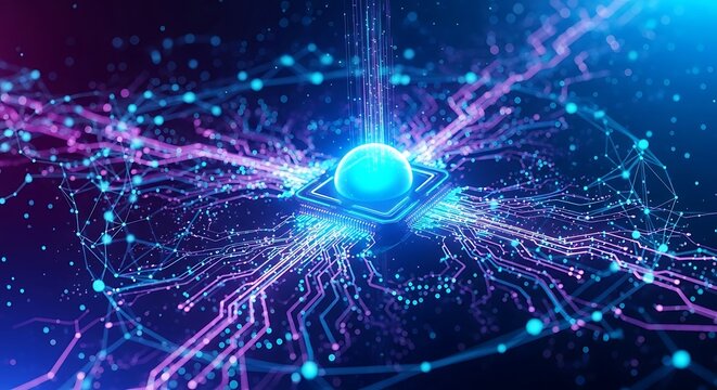 A glowing sphere sits atop a futuristic circuit board, bathed in blue and purple light, symbolizing advanced technology and interconnected systems