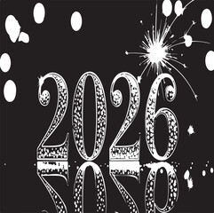 Grungy 2026 year text in black and white with ink splatters, distressed surface, and mirrored reflection suitable for calendars or new year designs.