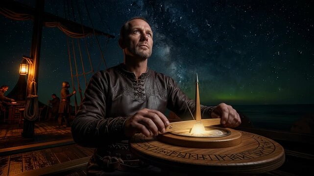 Viking seafarer navigating by stars with a sun compass while sailing on gentle waves under a twinkling night sky