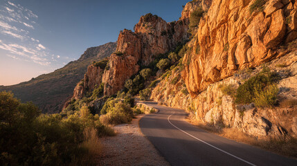 Winding road cutting through rocky cliffs under a clear sky with scattered clouds above