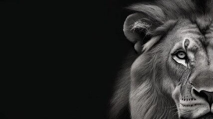 Monochrome artistic portrayal depicting half a lions face with detailed fur and a penetrating gaze on a black background