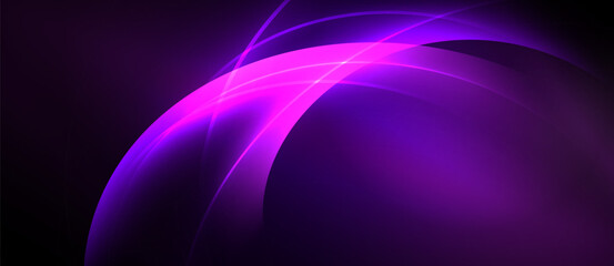 Abstract purple lines create dynamic curves, glowing against dark background. Modern design, simple elegance.