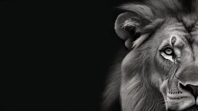 Monochrome artistic portrayal depicting half a lions face with detailed fur and a penetrating gaze on a black background
