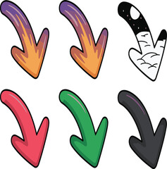 Six colorful hand drawn downward arrows with different gradients and patterns pointing to indicate direction